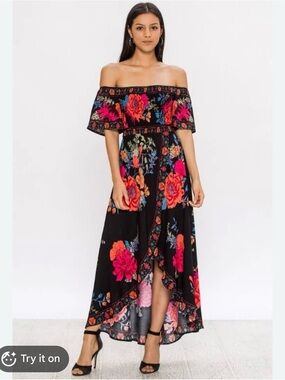 Flying Tomato Black Off-Shoulder Floral High-Low Dress